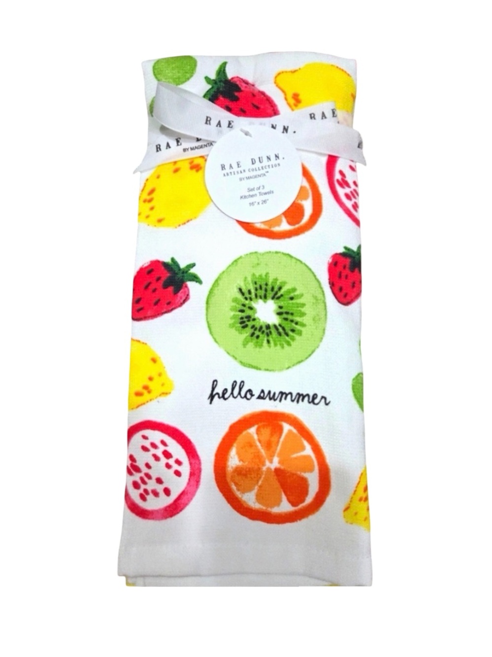 Rae Dunn Hello Summer Fruit Kitchen Towels Set of 3 Bright Citrus NWT